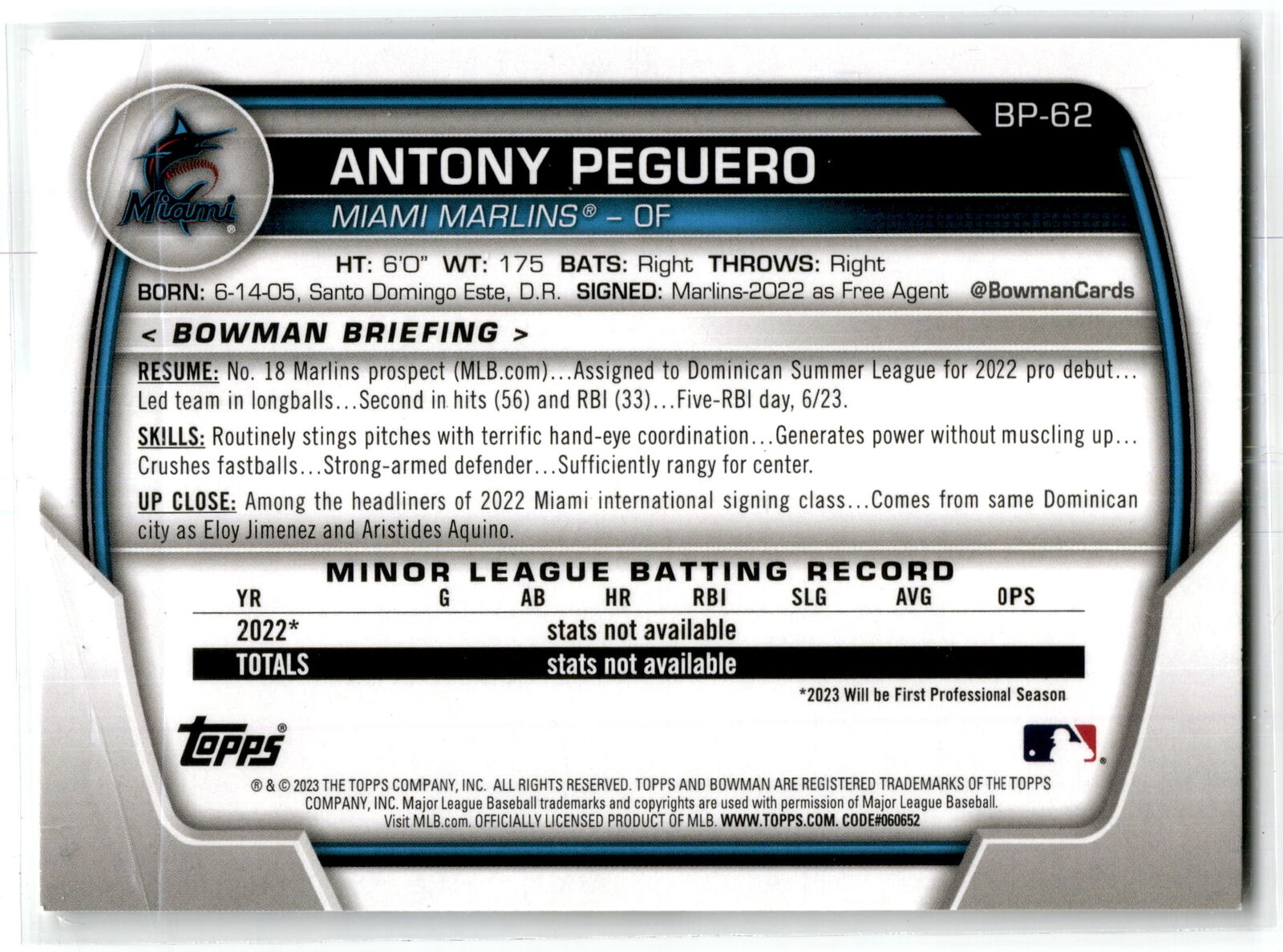 2023 Bowman #BP-62 Antony Peguero Prospects NM