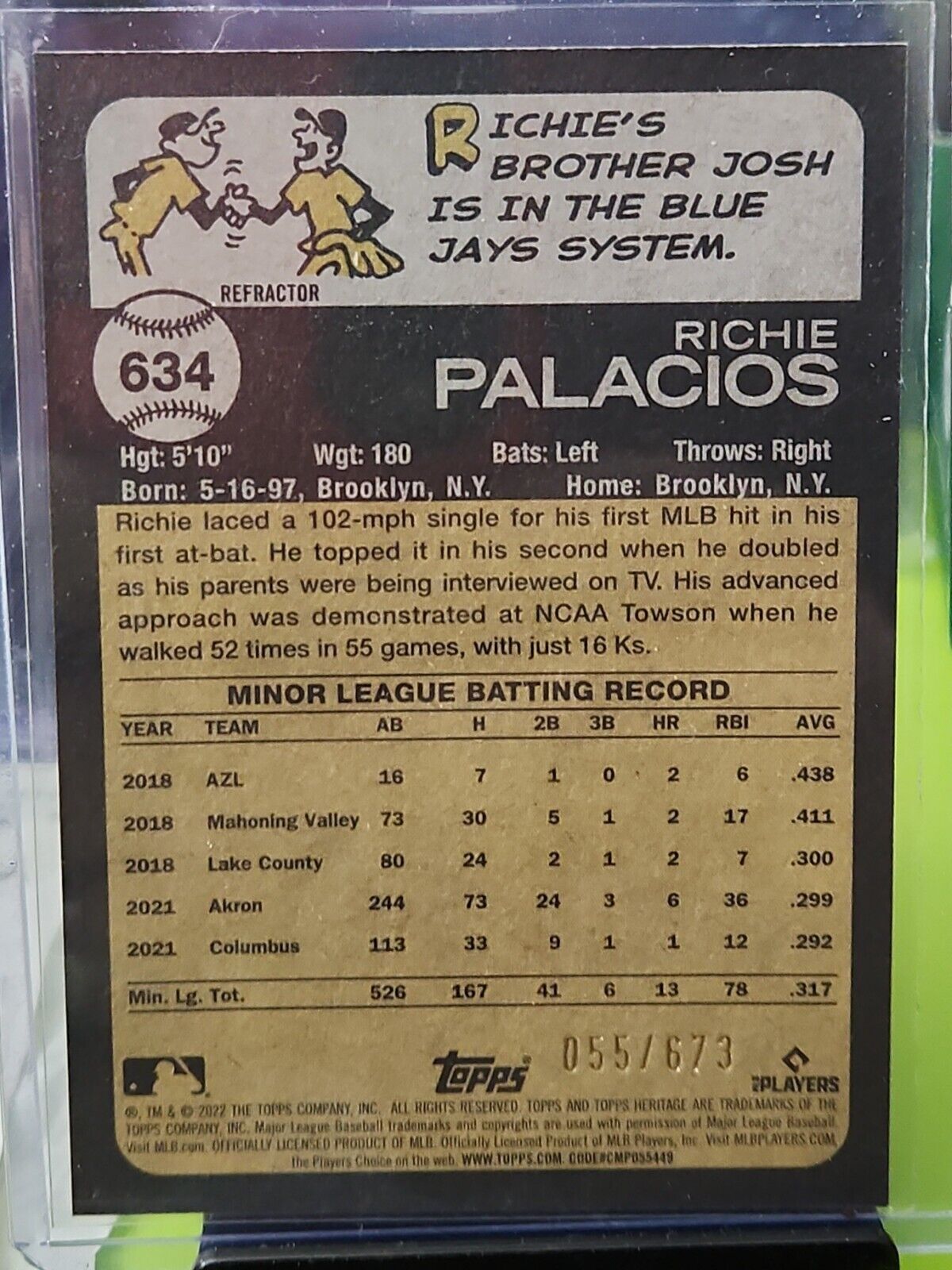 2022 Topps Heritage High Number Richie Palacios CHROME REFRACTOR RC #'d /673