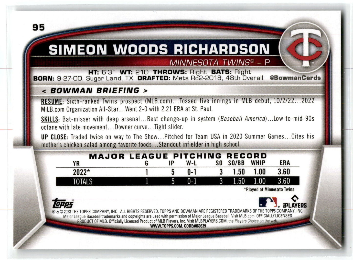 2023 Bowman #95 Simeon Woods Richardson NM