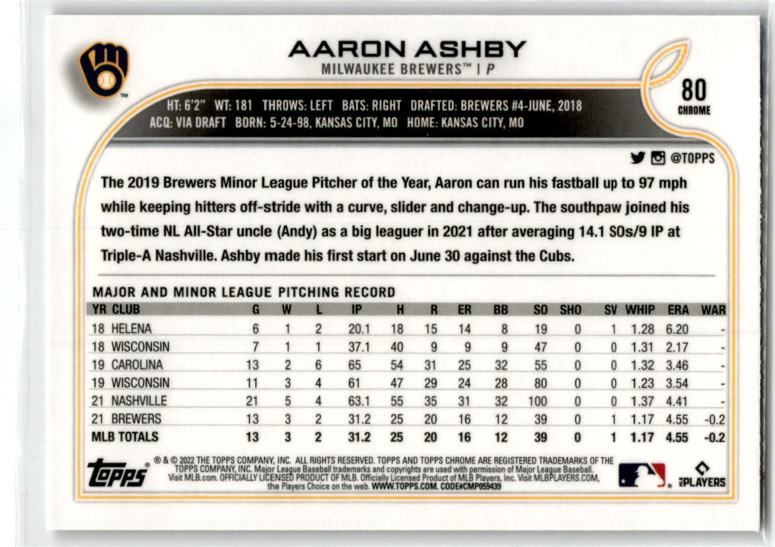 2022 Topps Chrome #80 Aaron Ashby NM