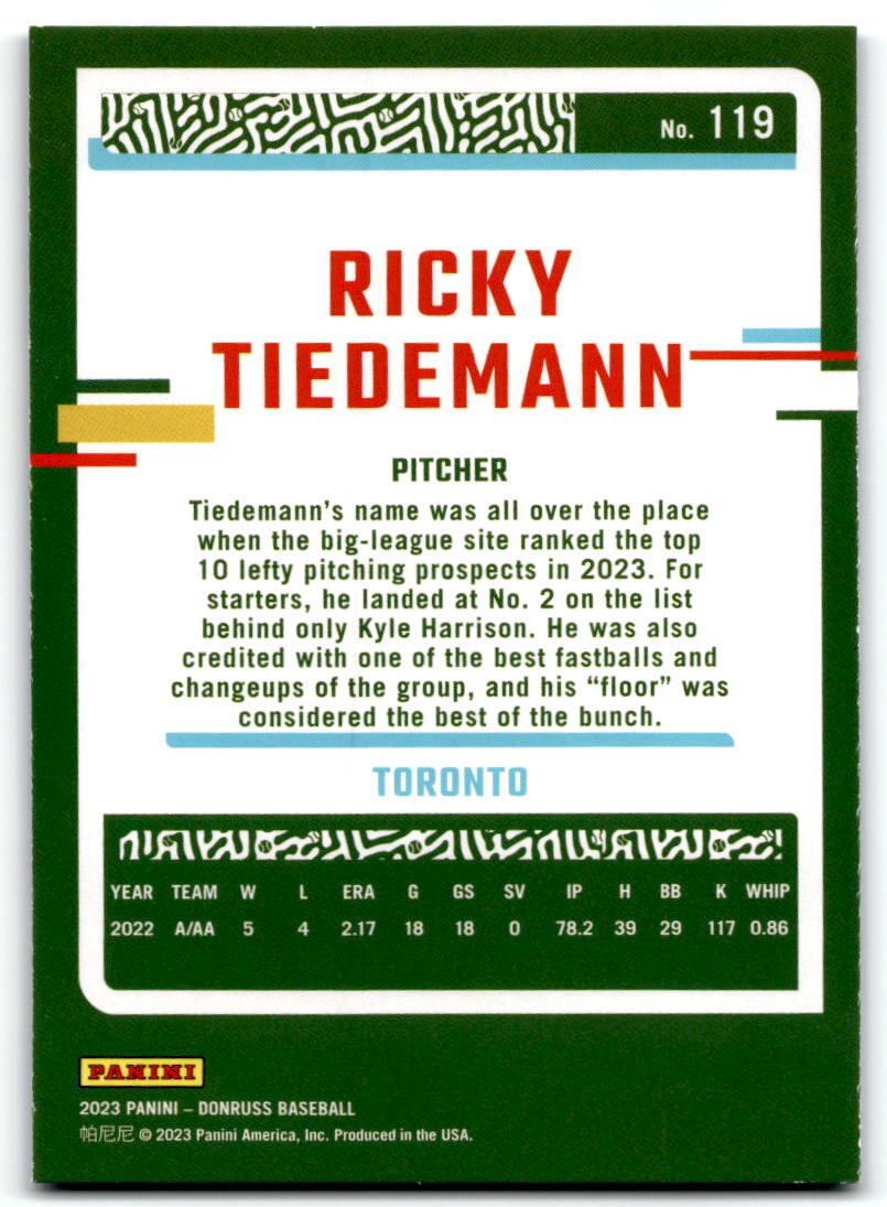 2023 Donruss #119 Ricky Tiedemann Holo Blue NM