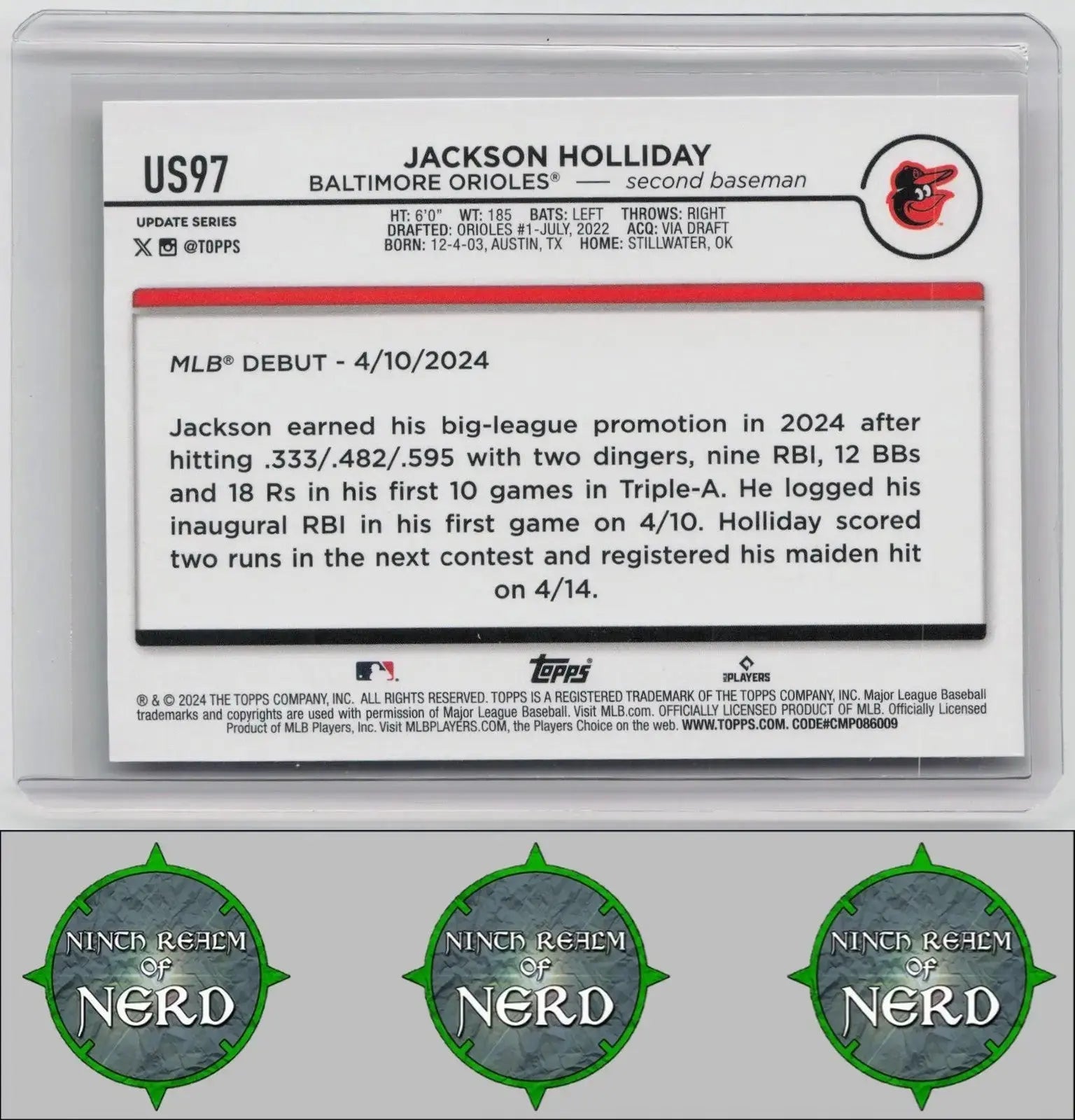 Jackson Holliday 2024 Topps Update #US97 Baltimore Orioles