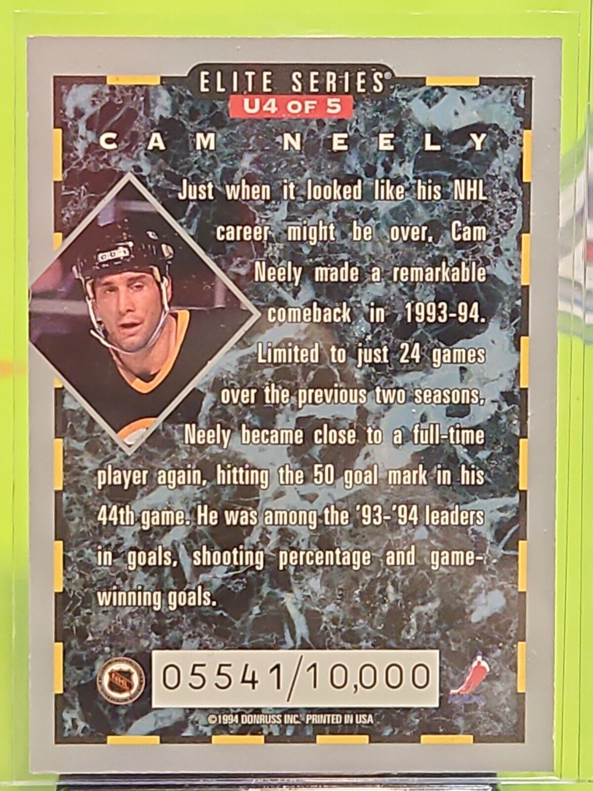 1993-94 DONRUSS ELITE SERIES CAM NEELY INSERT  /10000 HOCKEY CARD # U4