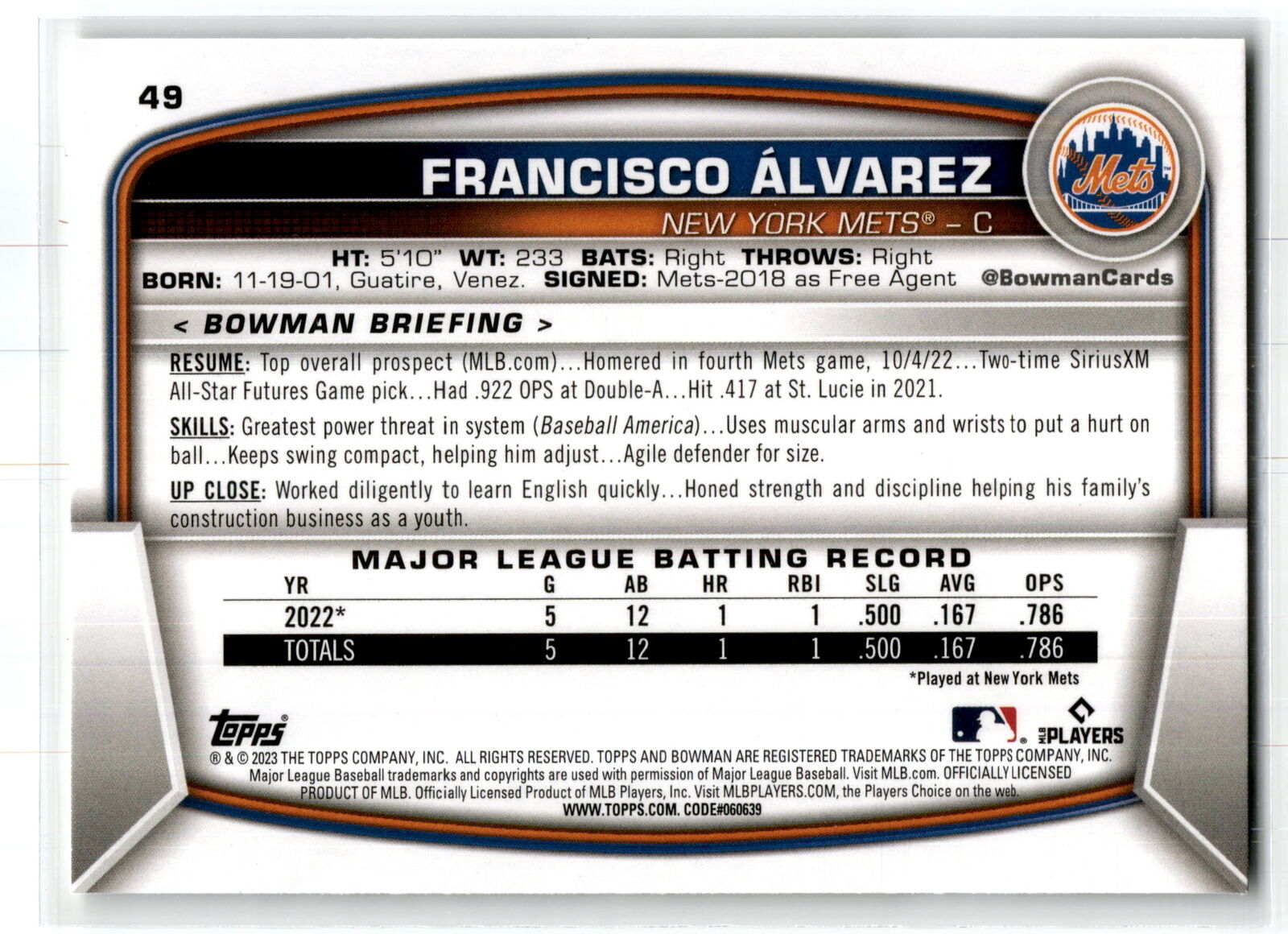 2023 Bowman #49 Francisco Alvarez NM