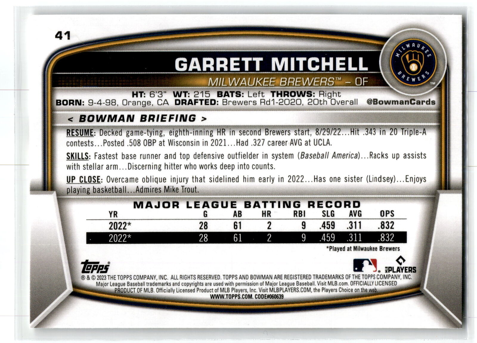 2023 Bowman #41 Garrett Mitchell NM