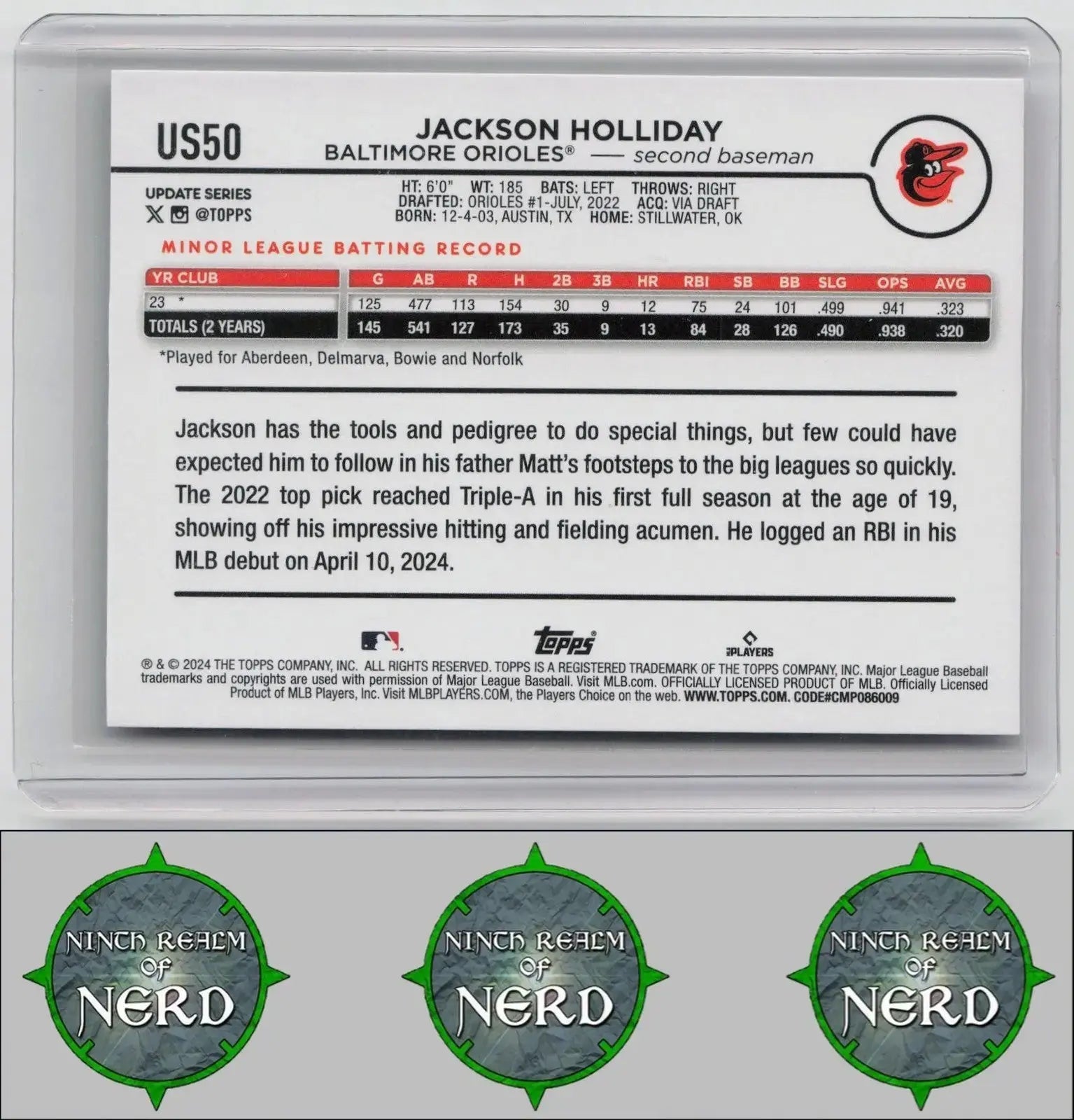 Jackson Holliday 2024 Topps Update #US50 RC Baltimore Orioles