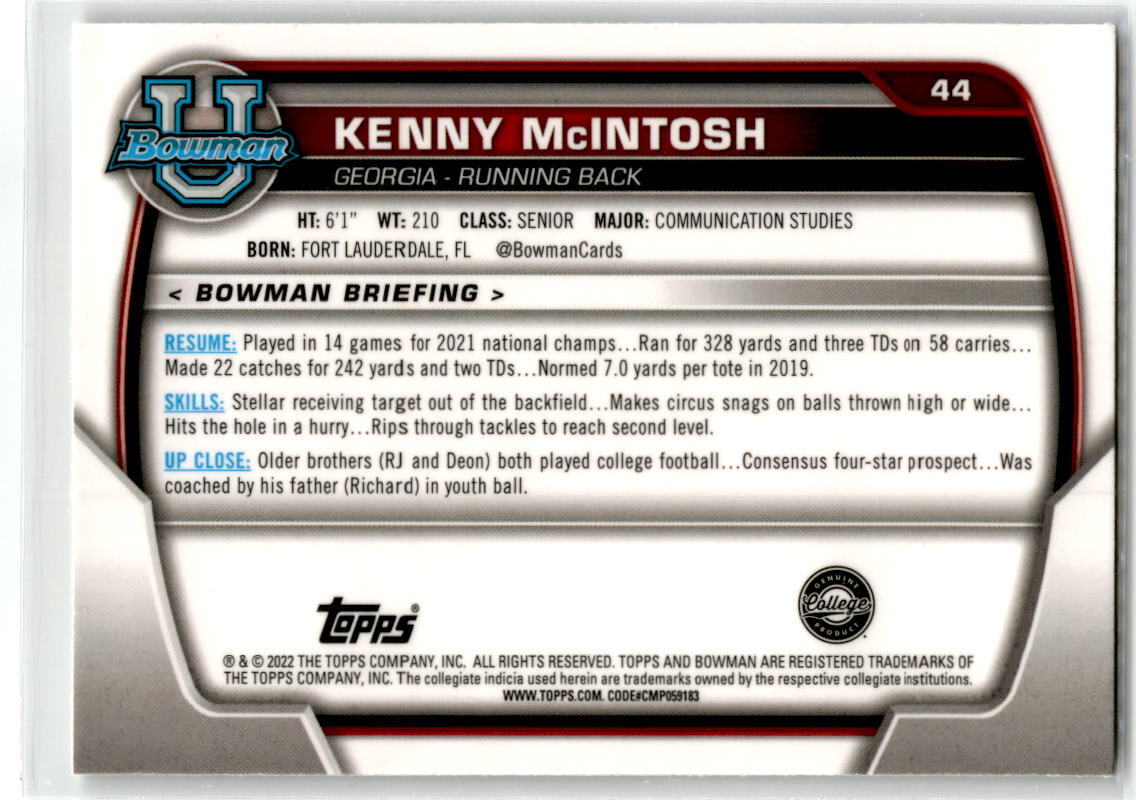 2022 Bowman Chrome University #44 Kenny McIntosh NM