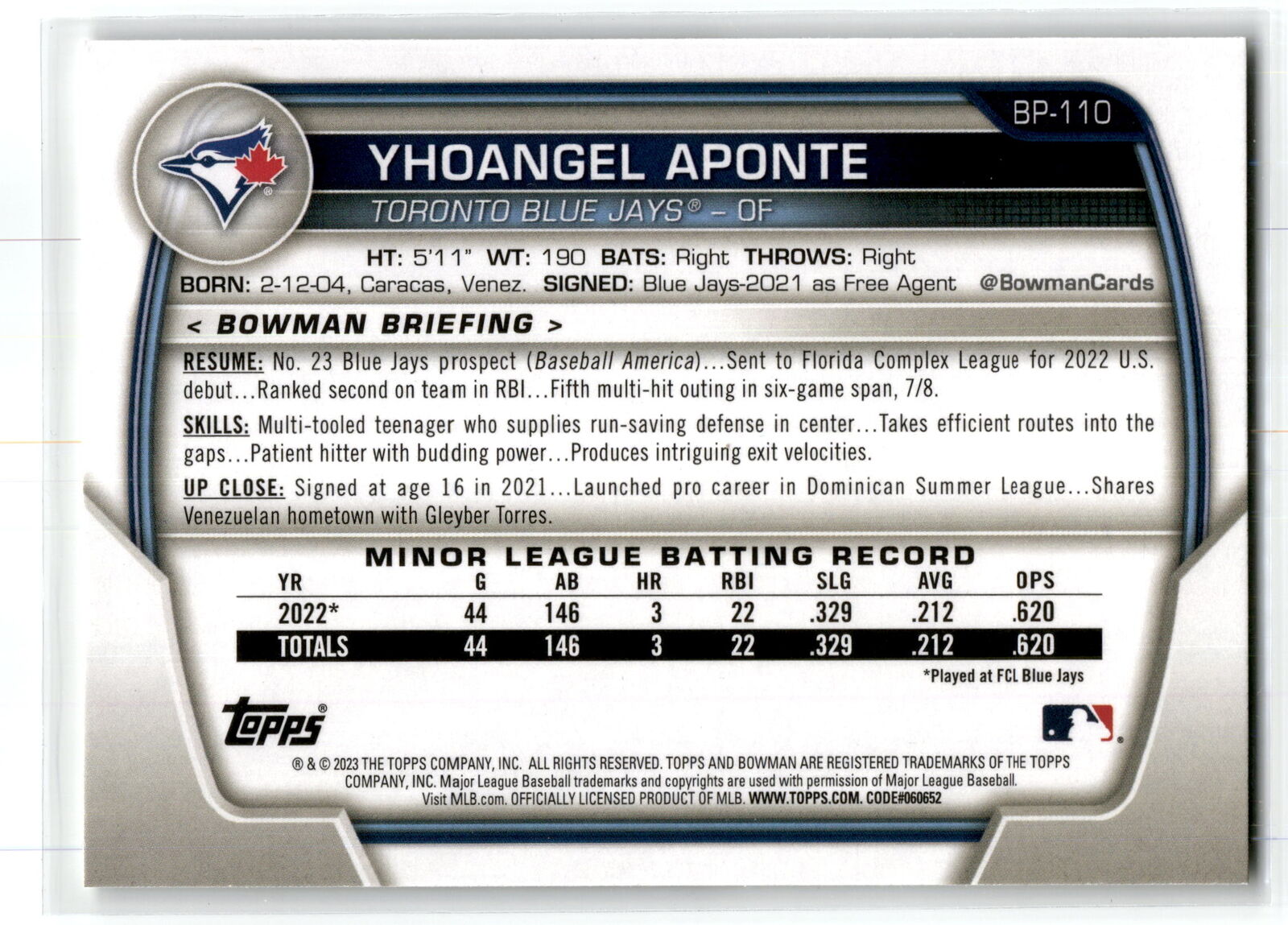 2023 Bowman #BP-110 Yhoangel Aponte Prospects NM