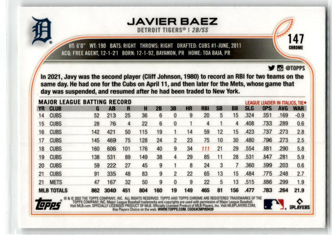 2022 Topps Chrome #147 Javier Baez NM