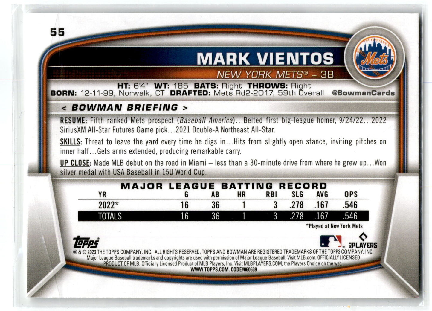 2023 Bowman #55 Mark Vientos NM