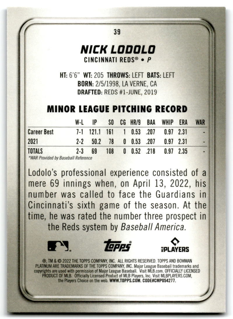 2022 Bowman Platinum #39 Nick Lodolo NM