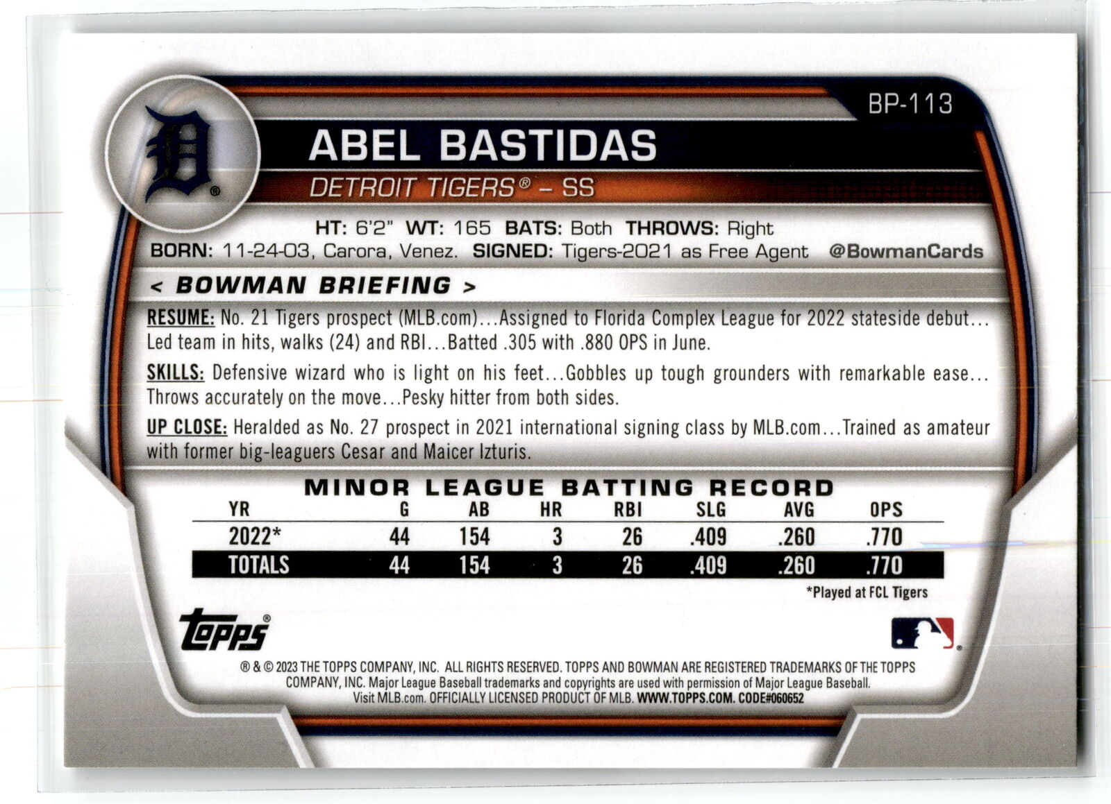 2023 Bowman #BP-113 Abel Bastidas Prospects NM