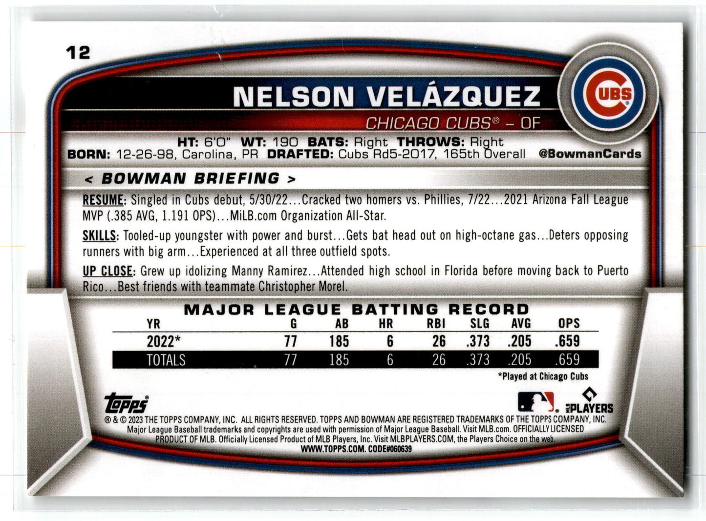 2023 Bowman #12 Nelson Velazquez NM