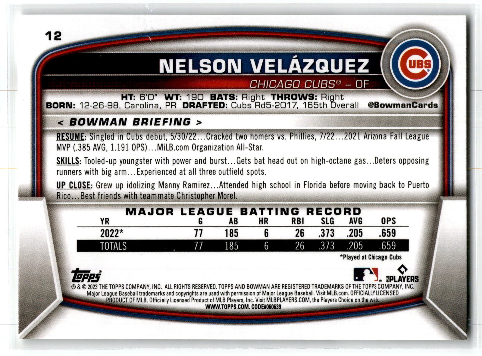 2023 Bowman #12 Nelson Velazquez NM