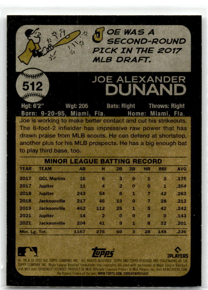 2022 Topps Heritage #512 Joe Dunand NM