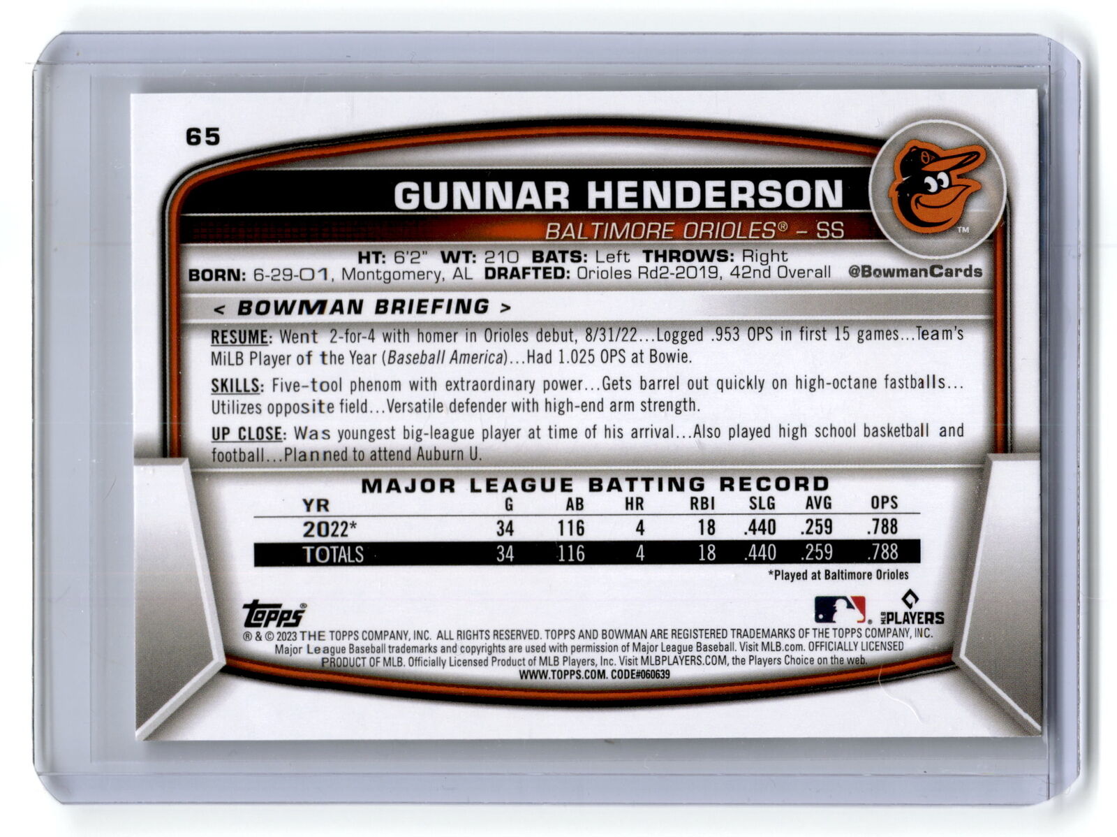 2023 Bowman #65 Gunnar Henderson NM