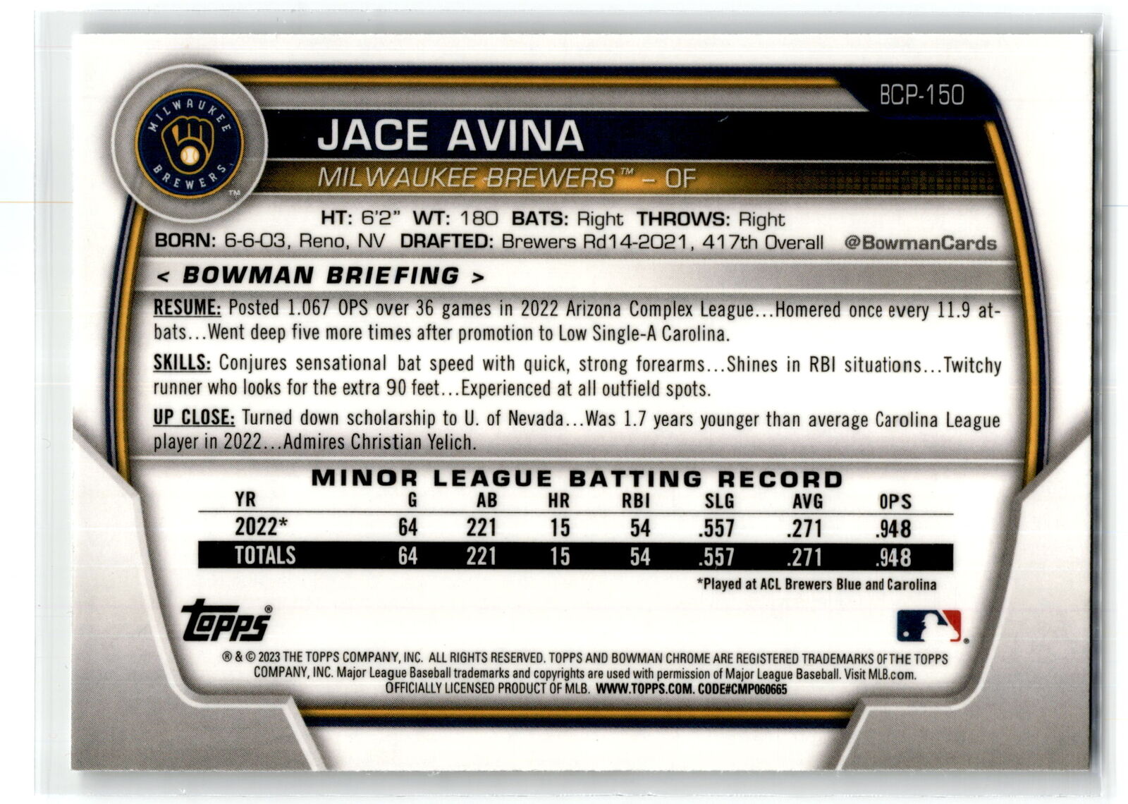 2023 Bowman #BCP-150 Jace Avina Chrome Prospects NM