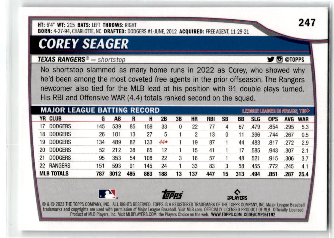 2023 Topps Big League #247 Corey Seager Electric Orange NM