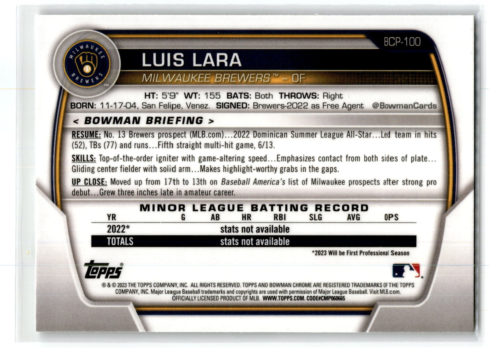 2023 Bowman #BCP-100 Luis Lara Chrome Prospects NM