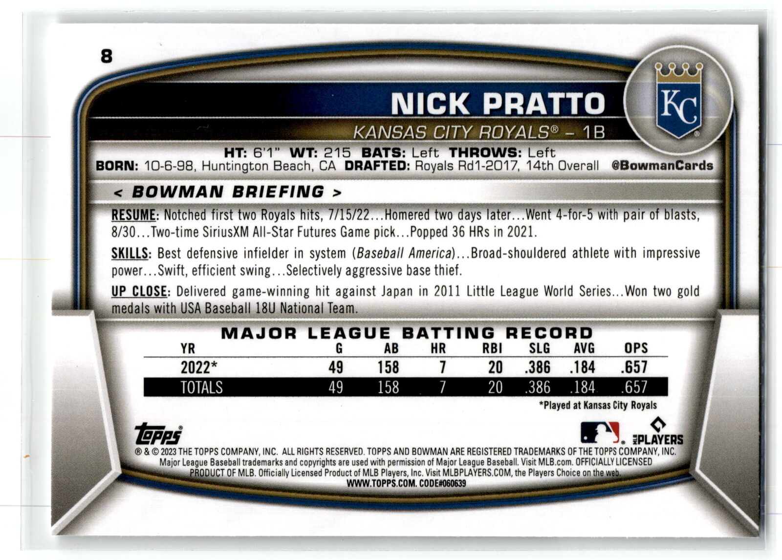 2023 Bowman #8 Nick Pratto NM