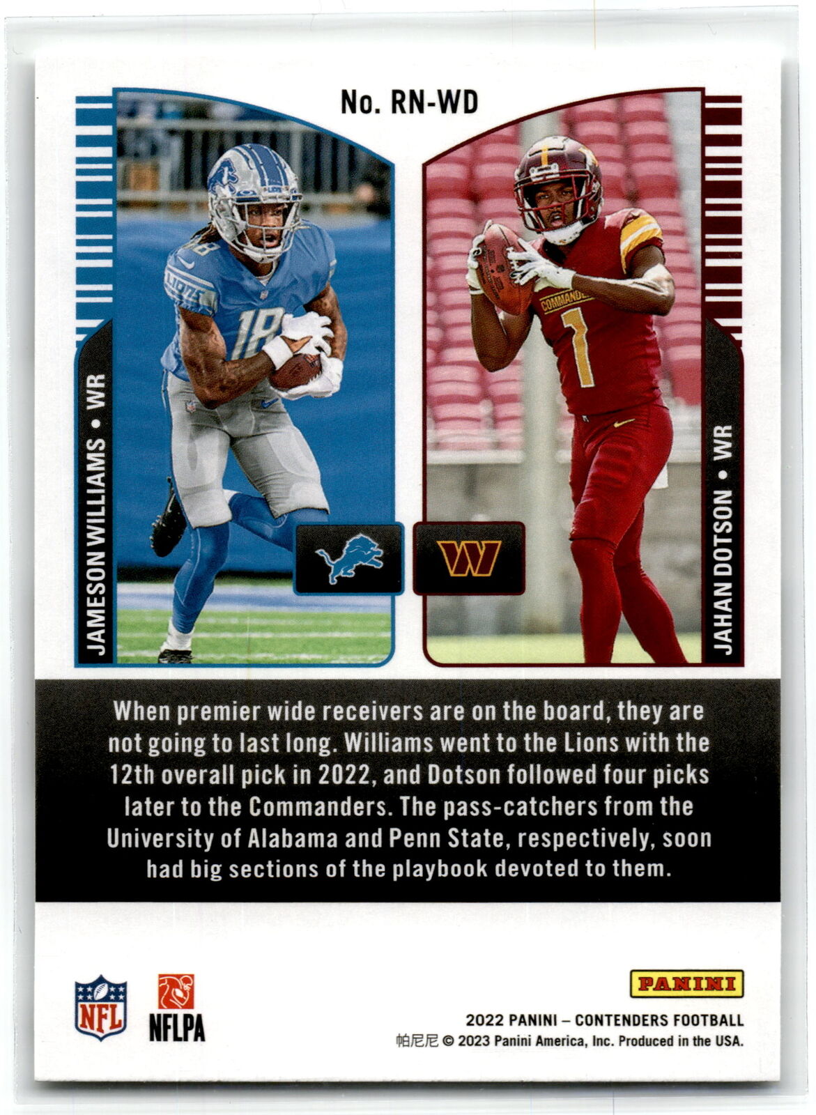 2022 Panini Contenders #RN-WD Jameson Williams / Jahan Dotson Round Numbers NM