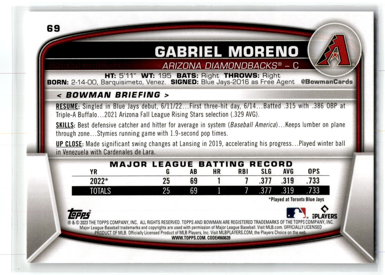 2023 Bowman #69 Gabriel Moreno NM