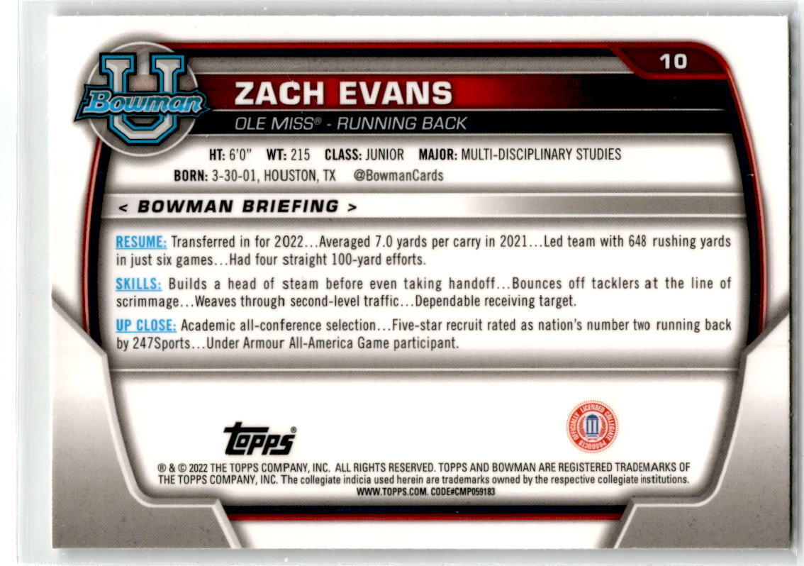 2022 Bowman Chrome University #10 Zach Evans NM