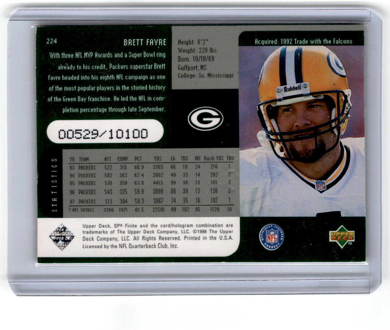 1998 SPx Finite #224 Brett Favre #/10100