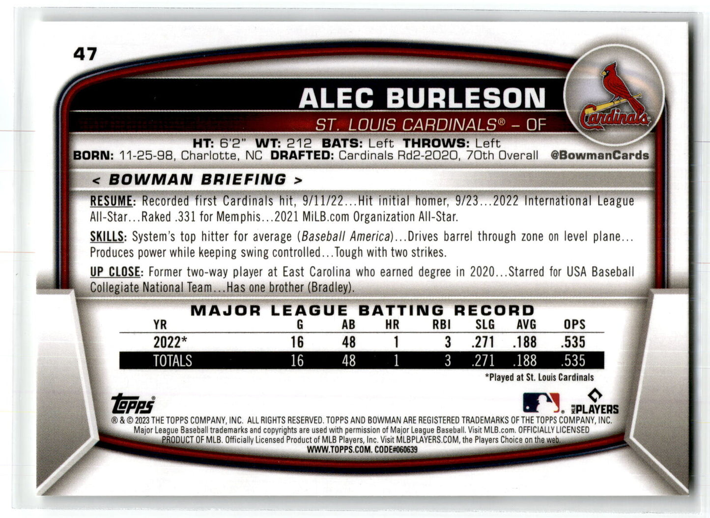 2023 Bowman #47 Alec Burleson NM