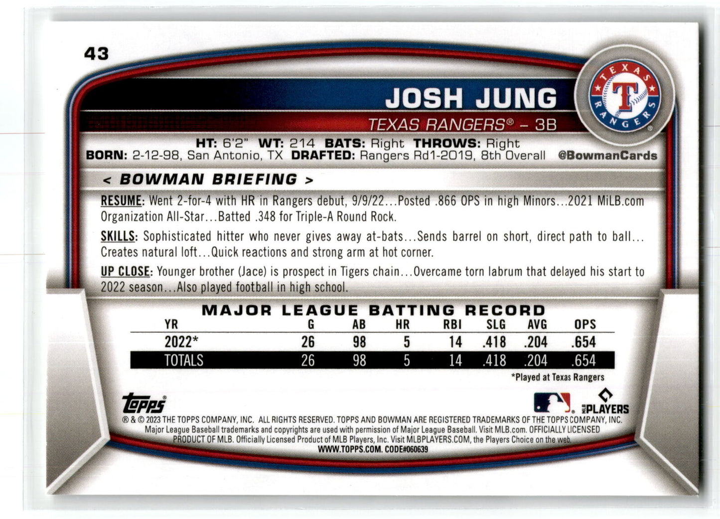 2023 Bowman #43 Josh Jung NM