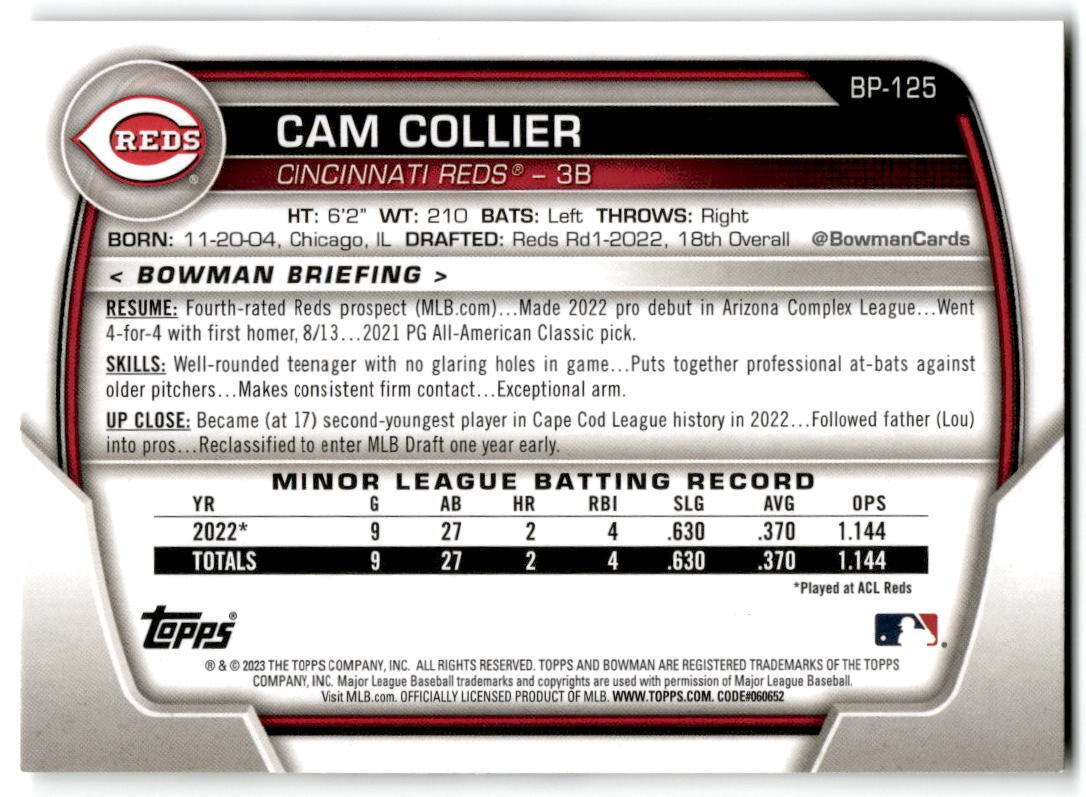 2023 Bowman #BP-125 Cam Collier Prospects NM