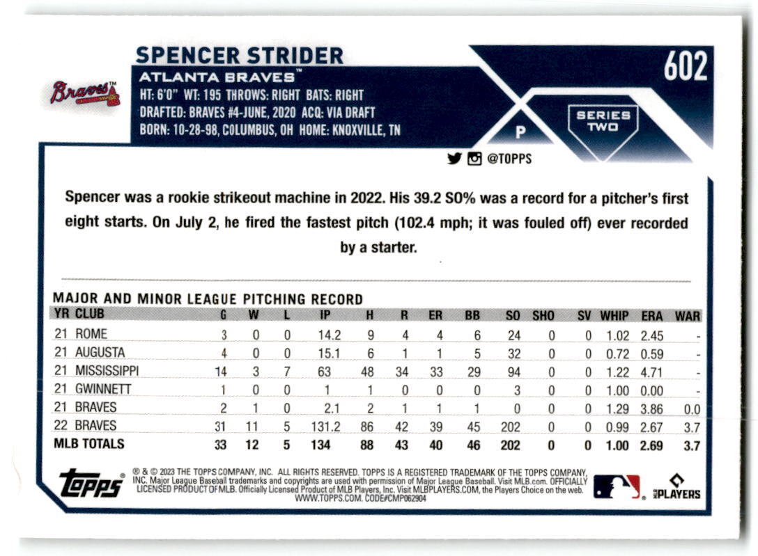 2023 Topps #602 Spencer Strider NM