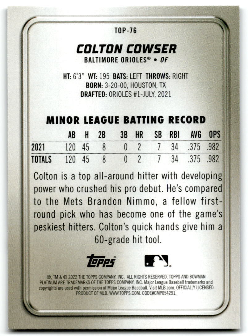 2022 Bowman Platinum #TOP-76 Colton Cowser Top Prospects Foilfractor NM