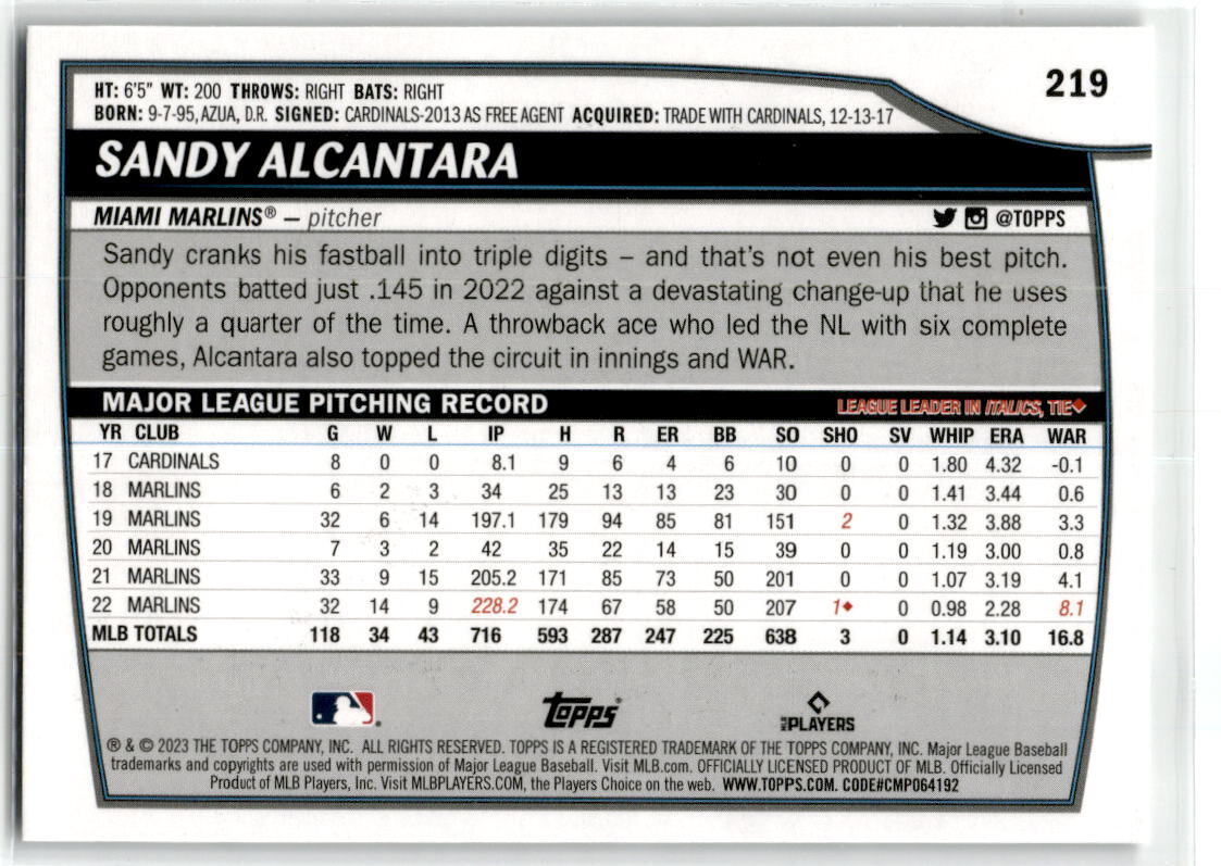 2023 Topps Big League #219 Sandy Alcantara Electric Orange NM