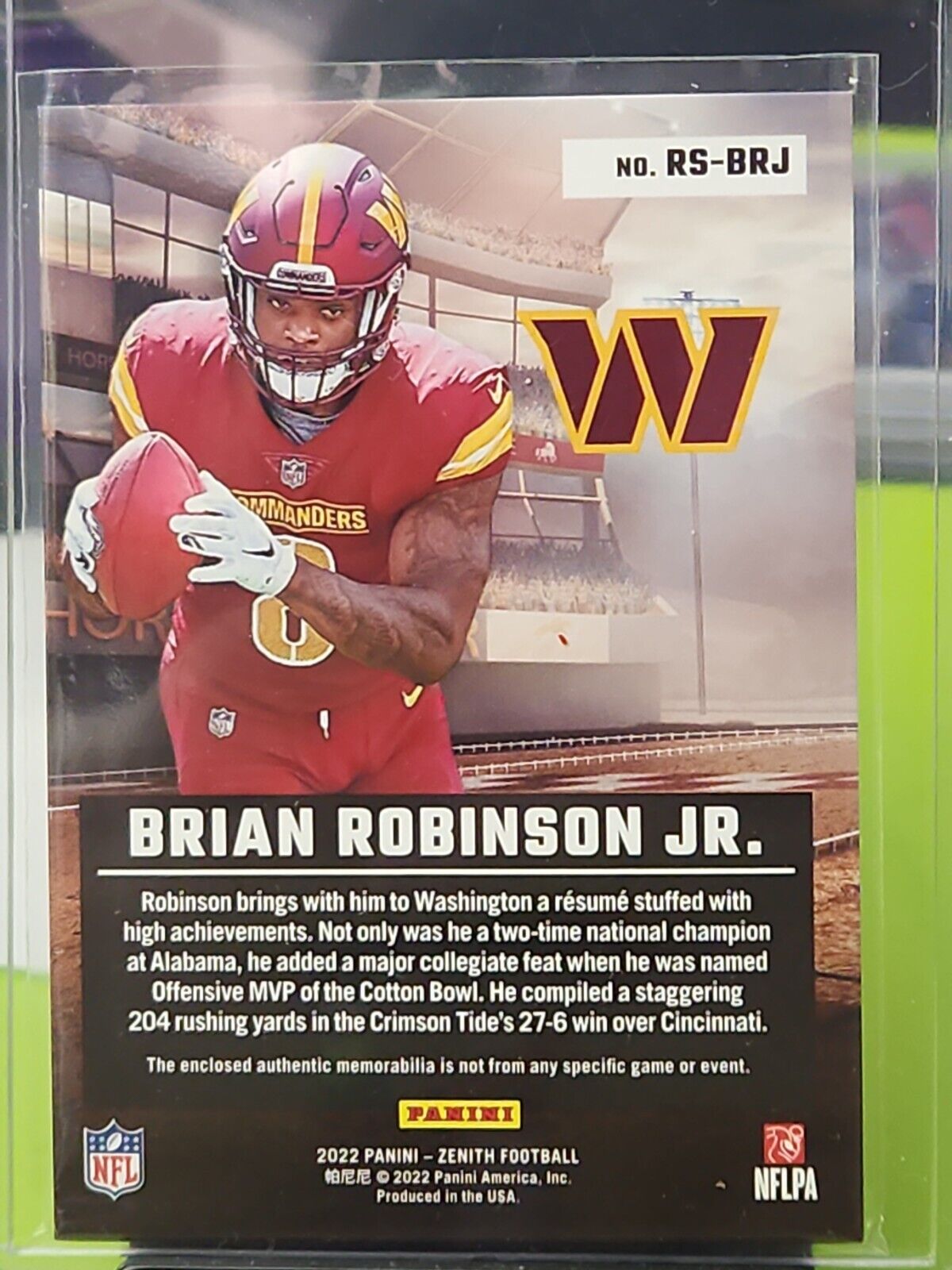 2022 Zenith - BRIAN ROBINSON JR - Rookie Stallions - RELIC - Commanders RC