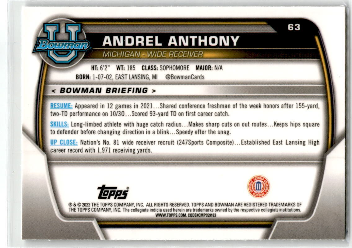 2022 Bowman Chrome University #63 Andrel Anthony NM