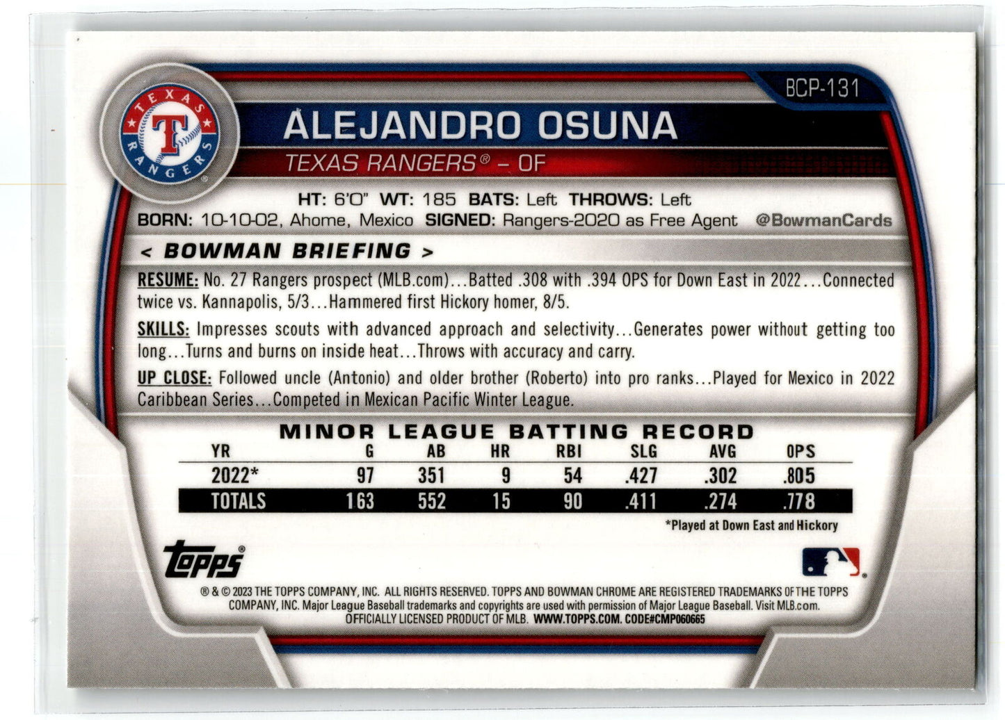 2023 Bowman #BCP-131 Alejandro Osuna Chrome Prospects NM