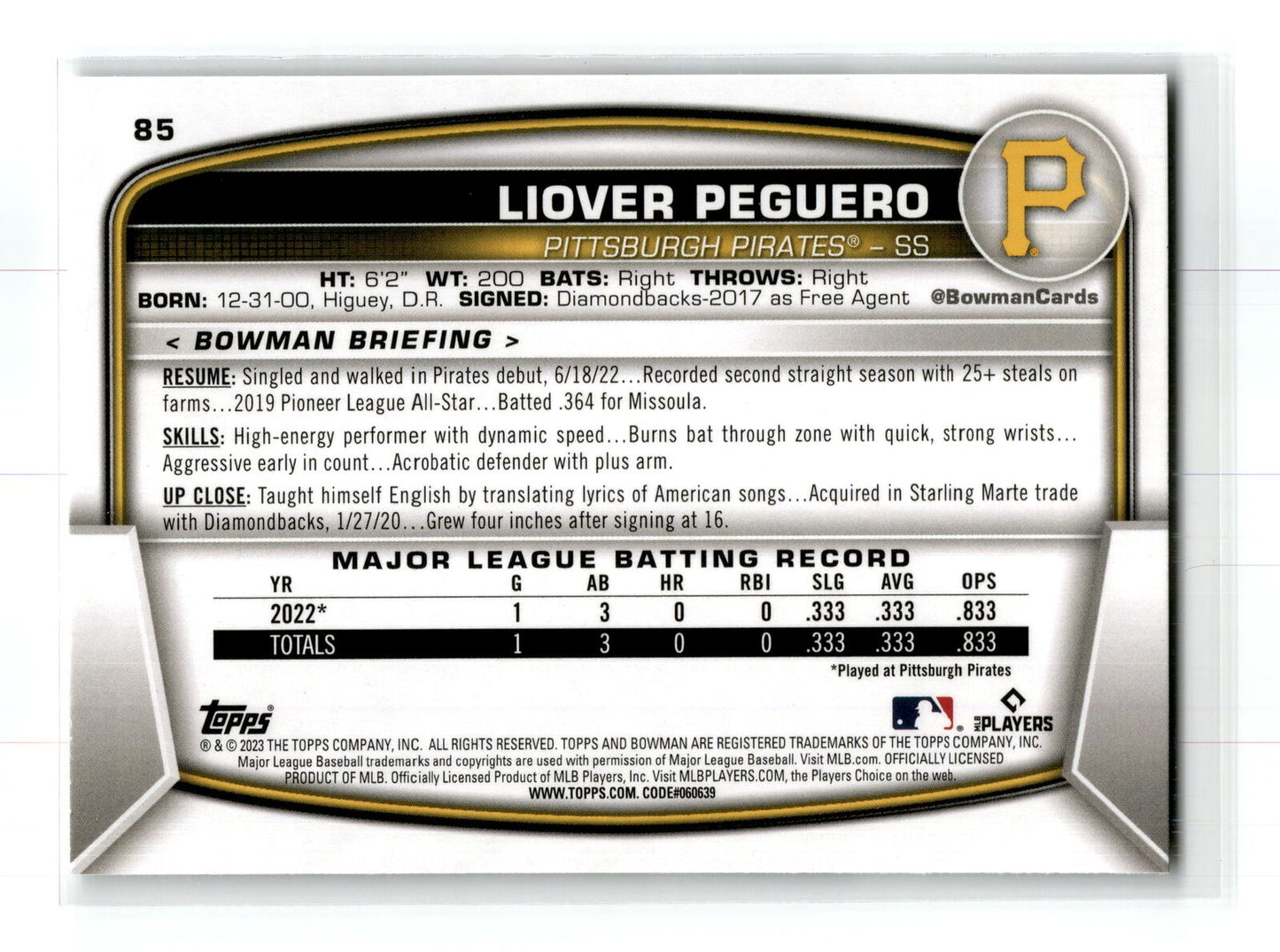 2023 Bowman #85 Liover Peguero Yellow NM