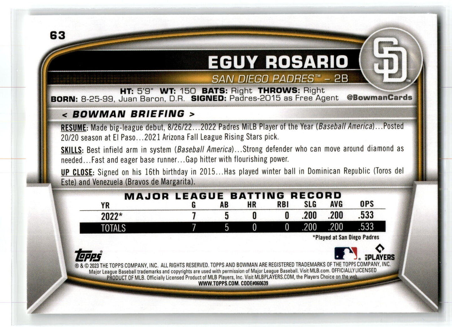 2023 Bowman #63 Eguy Rosario NM