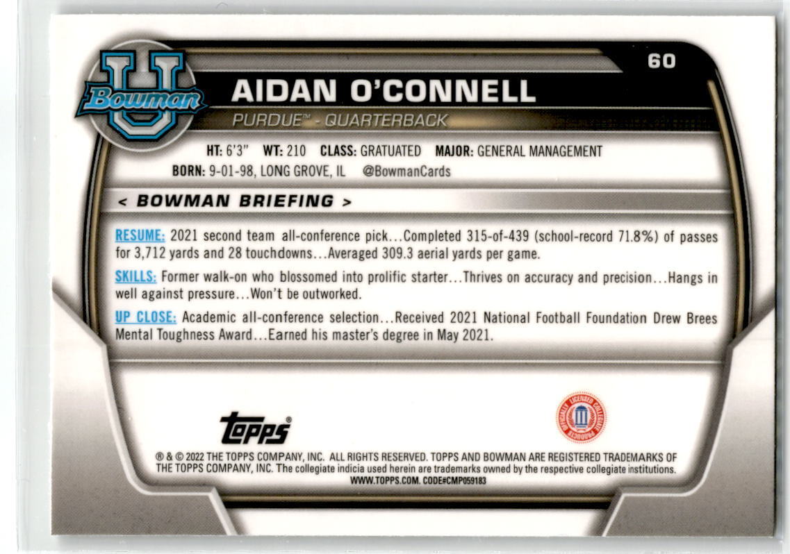 2022 Bowman Chrome University #60 Aidan O'Connell NM