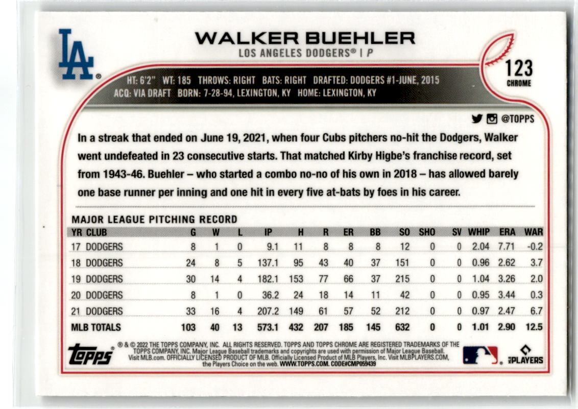 2022 Topps Chrome #123 Walker Buehler NM