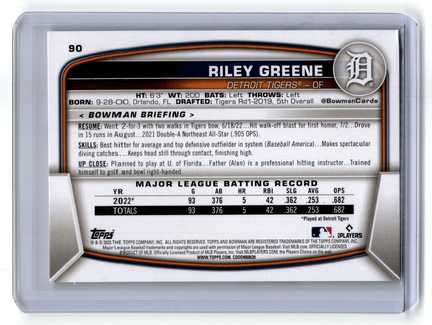 2023 Bowman #90 Riley Greene NM