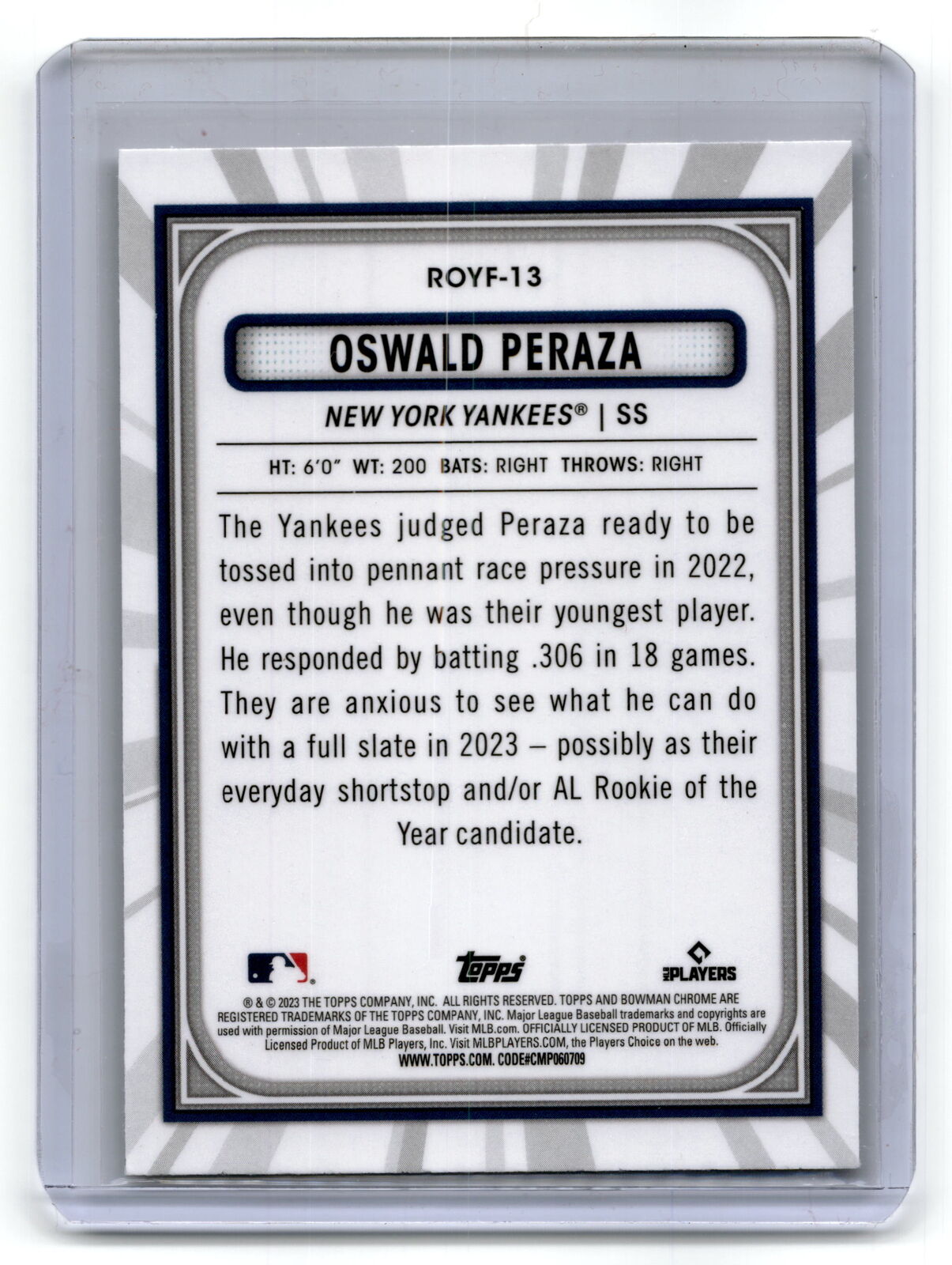 2023 Bowman #ROYF-13 Oswald Peraza Rookie of the Year Favorites NM