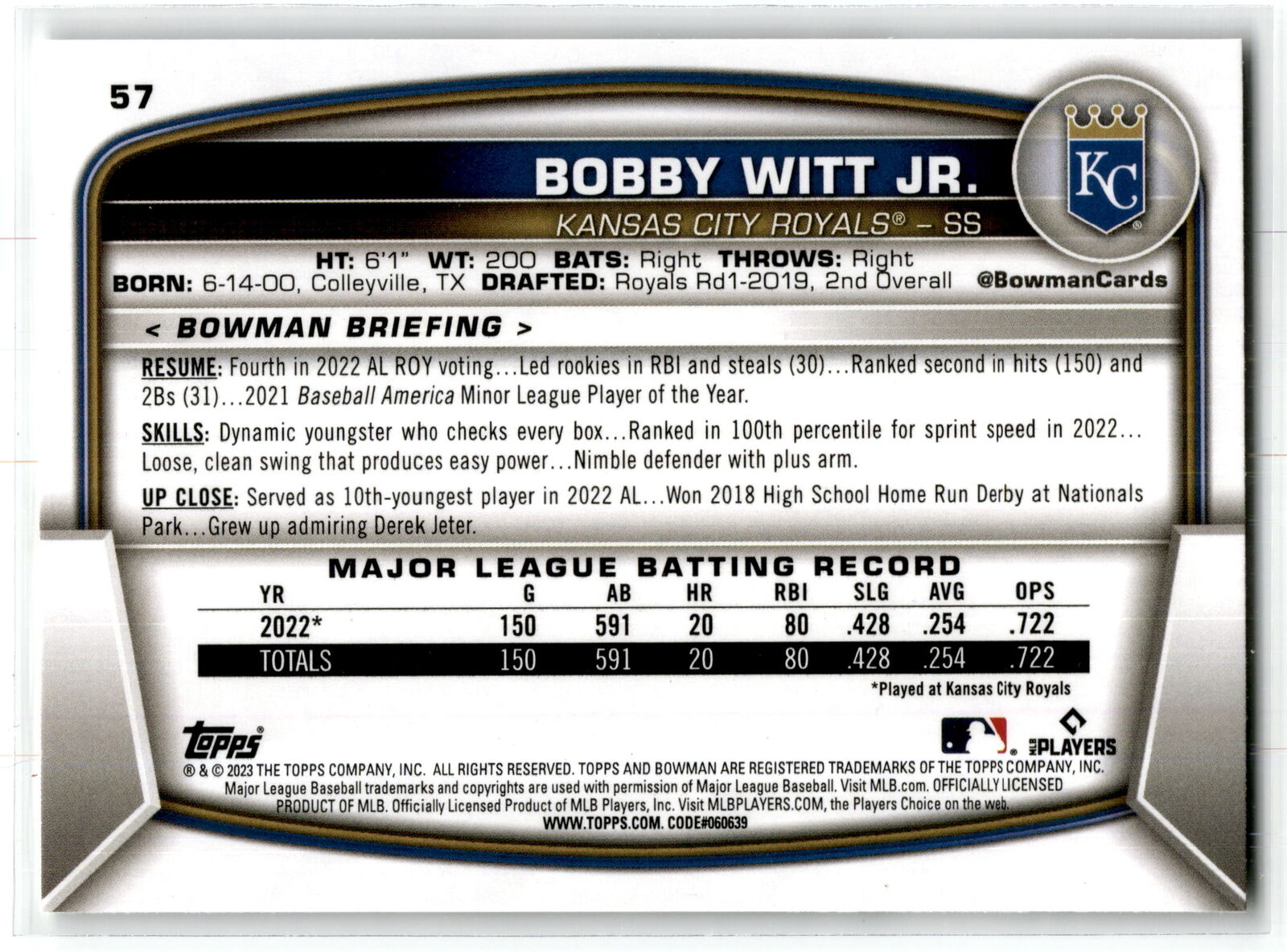 2023 Bowman #57 Bobby Witt Jr. NM