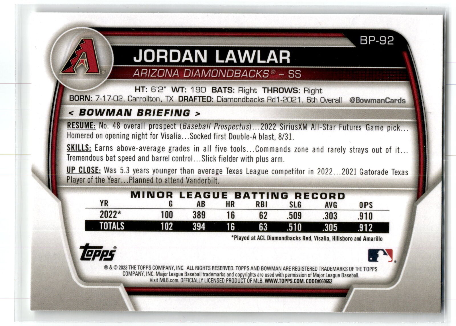 2023 Bowman #BP-92 Jordan Lawlar Prospects NM