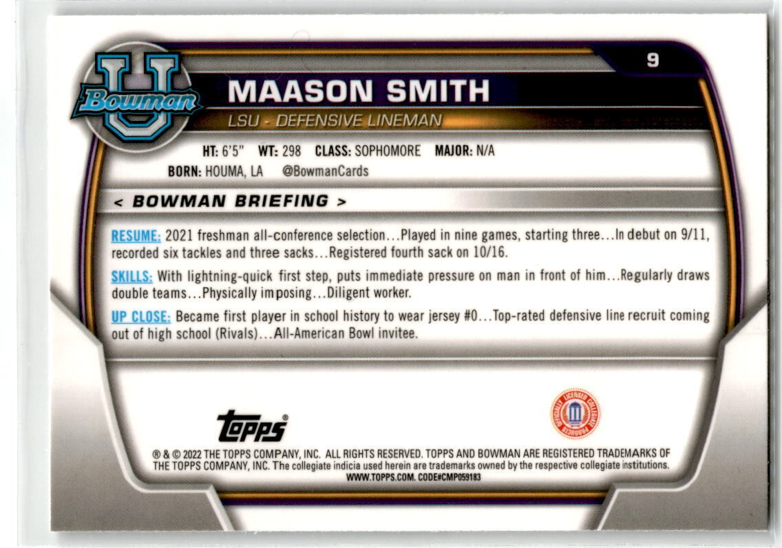 2022 Bowman Chrome University #9 Maason Smith NM