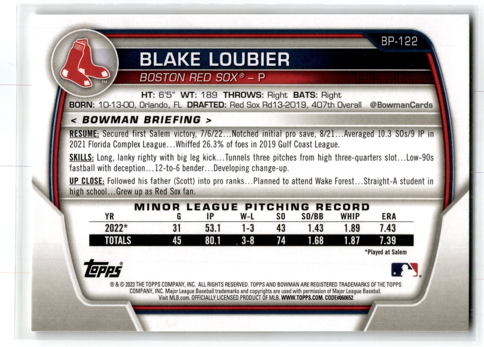 2023 Bowman #BP-122 Blake Loubier Prospects NM