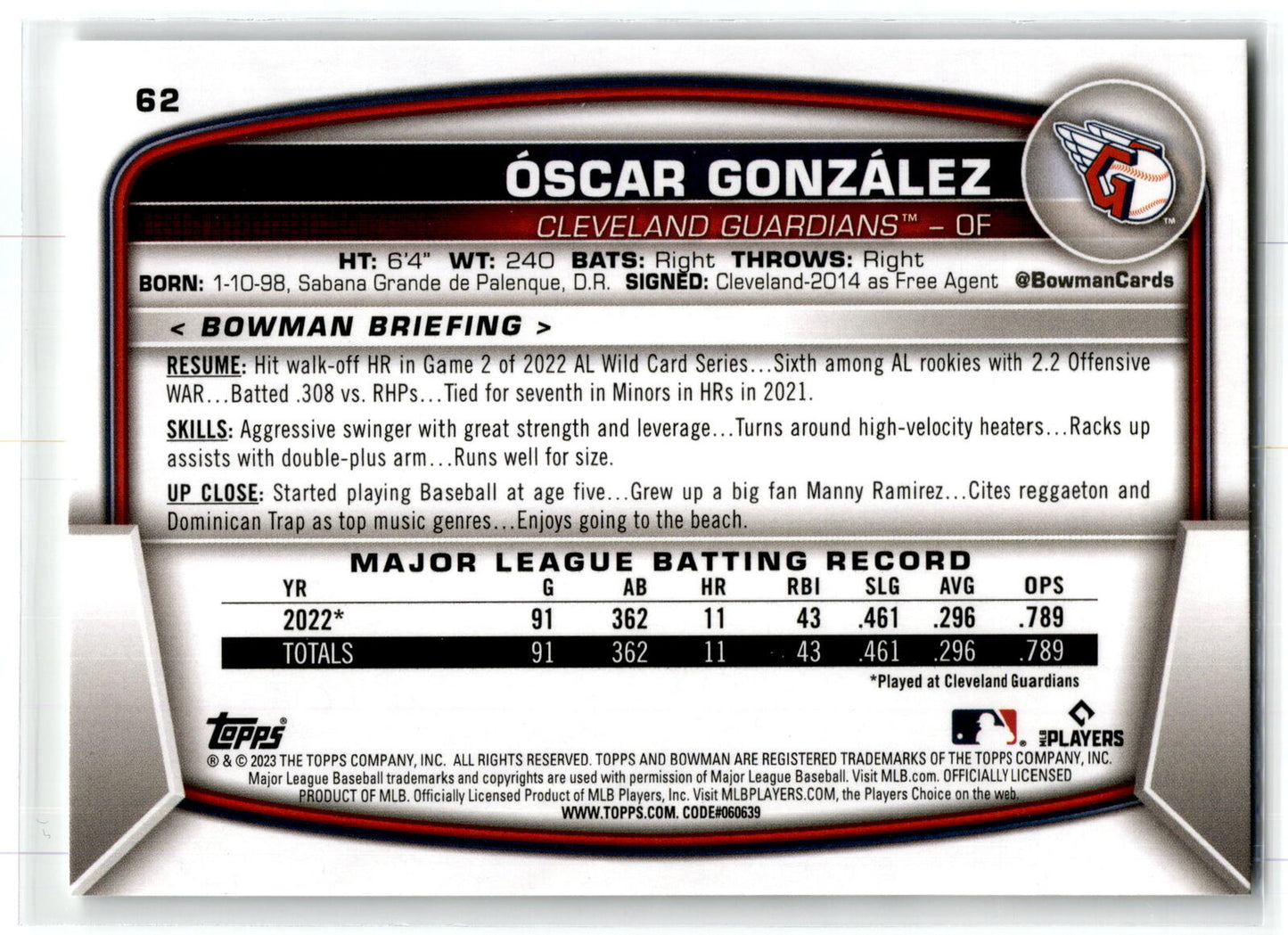 2023 Bowman #62 Oscar Gonzalez NM