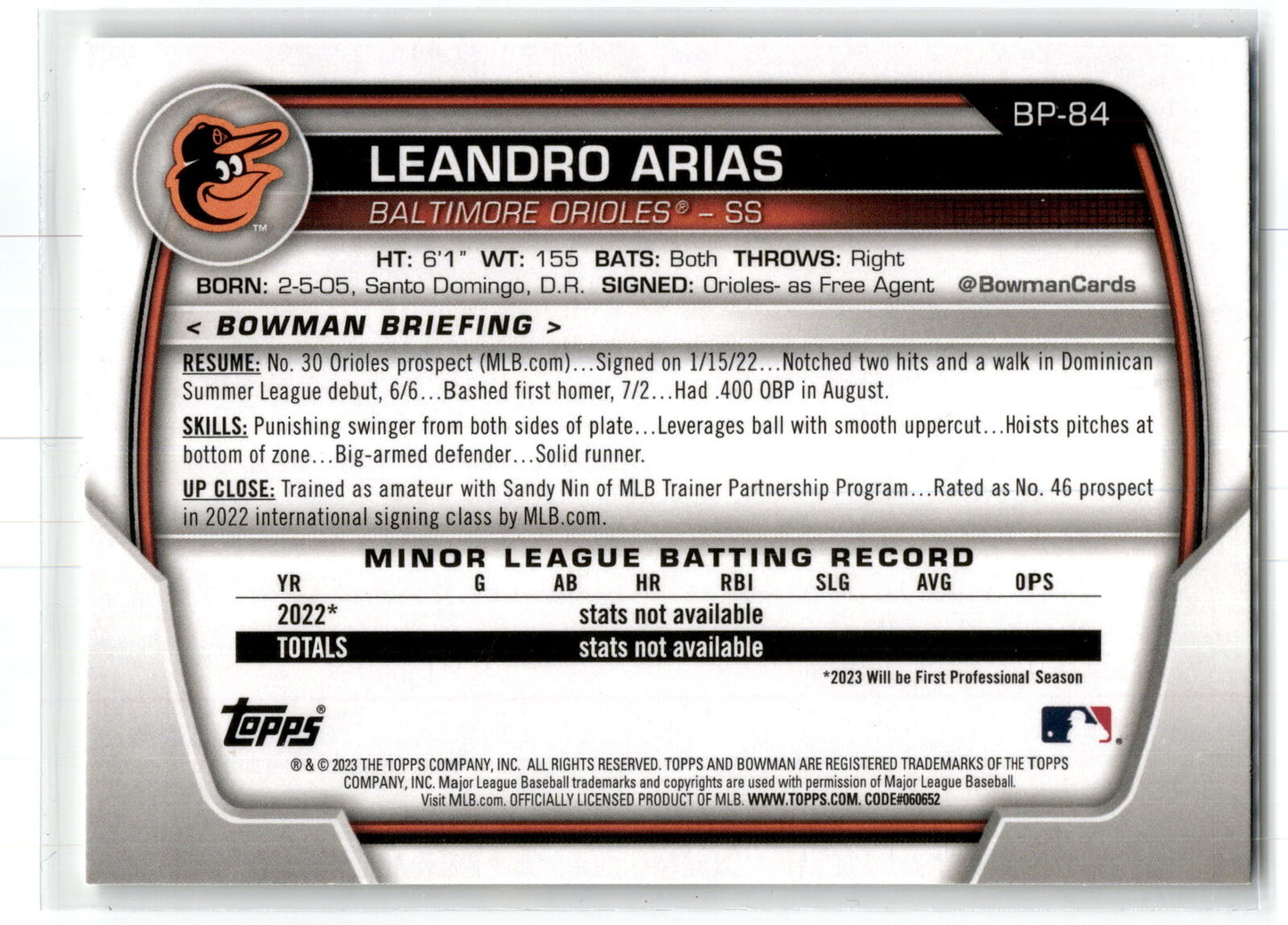 2023 Bowman #BP-84 Leandro Arias Prospects NM