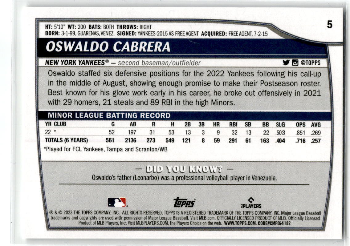 2023 Topps Big League #5 Oswaldo Cabrera NM